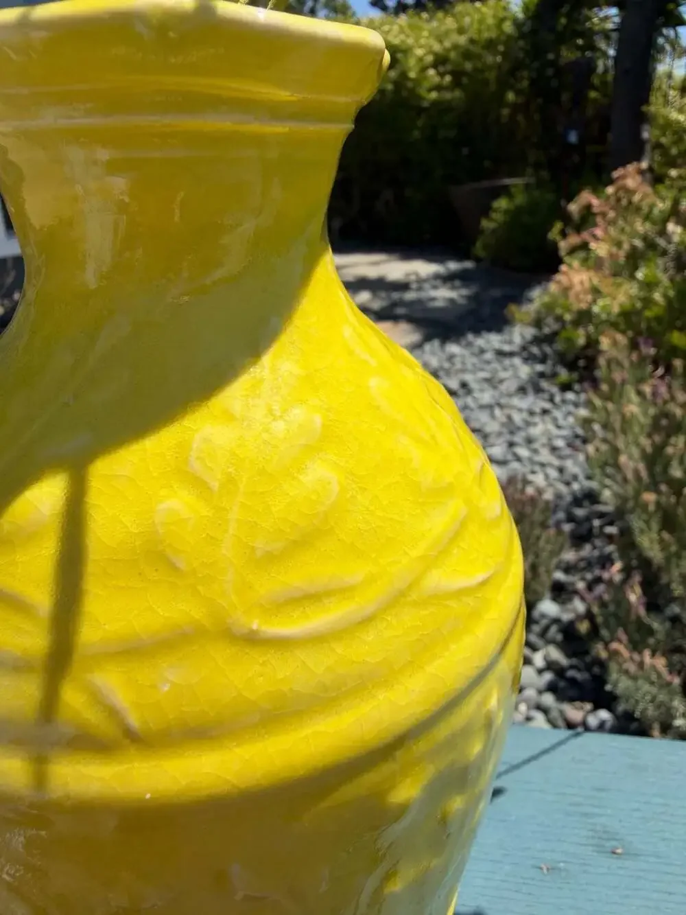 Handmade 2016 Yellow Glazed Ceramic Vase with Embossed Floral Detail 8”